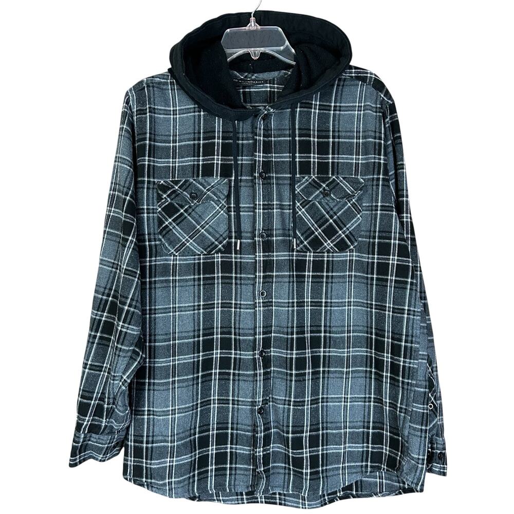 No Boundaries Mens Hooded Flannel Shirt Size L Black Gray Plaid Skater Button Up